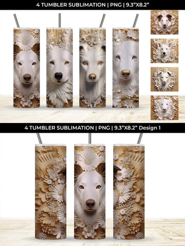 3D white Floral Border Collie Dog Tumbler Wrap 20 oz Sublimation PNG Bundle Free For Commercial Use Sublimation Sintegra 