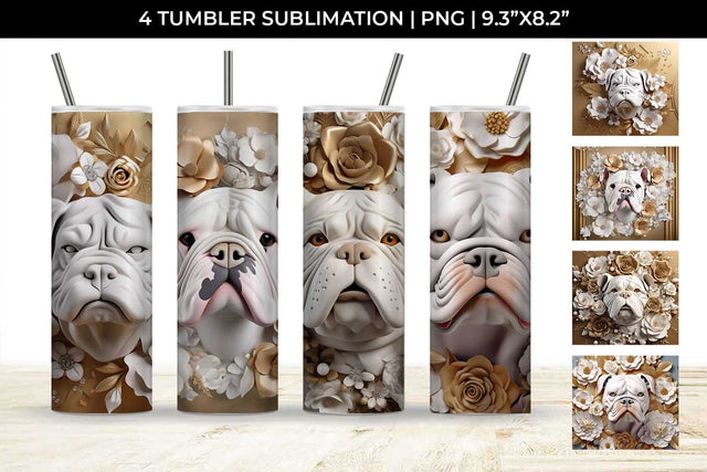 3D white Floral Bulldog Dog Tumbler Wrap 20 oz Sublimation PNG Bundle Free For Commercial Use Sublimation Sintegra 