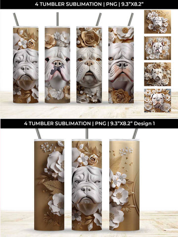 3D white Floral Bulldog Dog Tumbler Wrap 20 oz Sublimation PNG Bundle Free For Commercial Use Sublimation Sintegra 