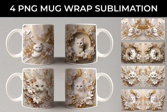 3D white Floral Cat Mug Sublimation PNG Bundle Free For Commercial Use Sublimation Sintegra 