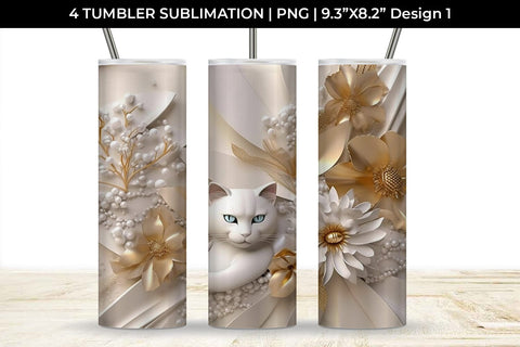 3D white Floral Cat Tumbler Wrap 20 oz Sublimation PNG Bundle Free For Commercial Use Sublimation Sintegra 