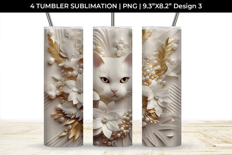 3D white Floral Cat Tumbler Wrap 20 oz Sublimation PNG Bundle Free For Commercial Use Sublimation Sintegra 