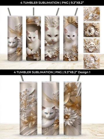 3D white Floral Cat Tumbler Wrap 20 oz Sublimation PNG Bundle Free For Commercial Use Sublimation Sintegra 