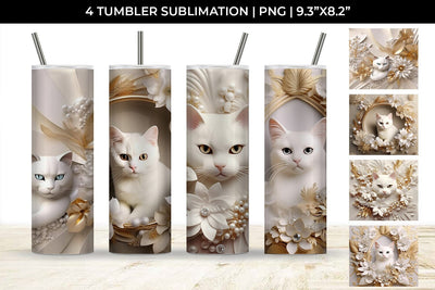 3D white Floral Cat Tumbler Wrap 20 oz Sublimation PNG Bundle Free For Commercial Use Sublimation Sintegra 