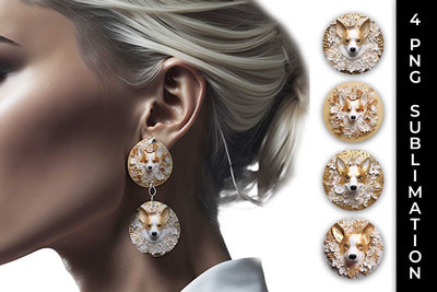 3D white Floral Corgi Dog Earrings Sublimation PNG Bundle Free For Commercial Use Sublimation Sintegra 