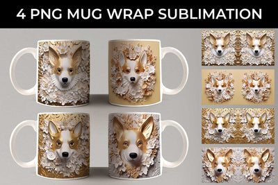 3D white Floral Corgi Dog Mug Sublimation PNG Bundle Free For Commercial Use Sublimation Sintegra 