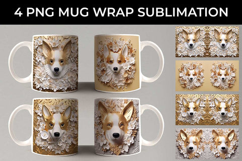 3D white Floral Corgi Dog Mug Sublimation PNG Bundle Free For Commercial Use Sublimation Sintegra 