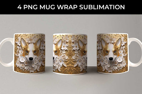 3D white Floral Corgi Dog Mug Sublimation PNG Bundle Free For Commercial Use Sublimation Sintegra 
