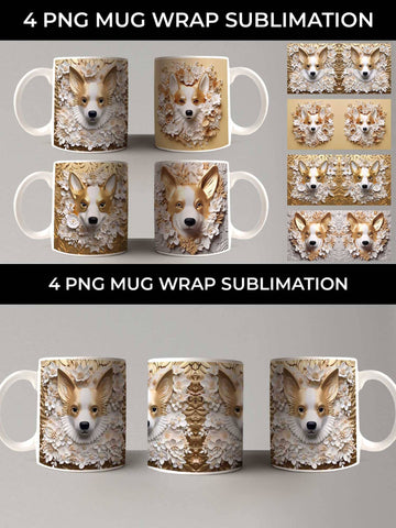 3D white Floral Corgi Dog Mug Sublimation PNG Bundle Free For Commercial Use Sublimation Sintegra 