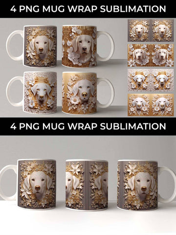 3D white Floral Golden Retriever Dog Mug Sublimation PNG Bundle Free For Commercial Use Sublimation Sintegra 