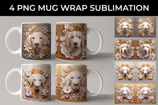 3D white Floral Golden Retriever Dog Mug Sublimation PNG Bundle Free For Commercial Use Sublimation Sintegra 