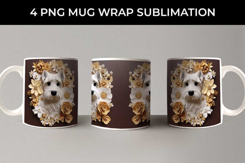 3D white Floral Schnauzer Dog Mug Sublimation PNG Bundle Free For Commercial Use Sublimation Sintegra 