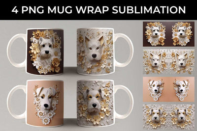 3D white Floral Schnauzer Dog Mug Sublimation PNG Bundle Free For Commercial Use Sublimation Sintegra 