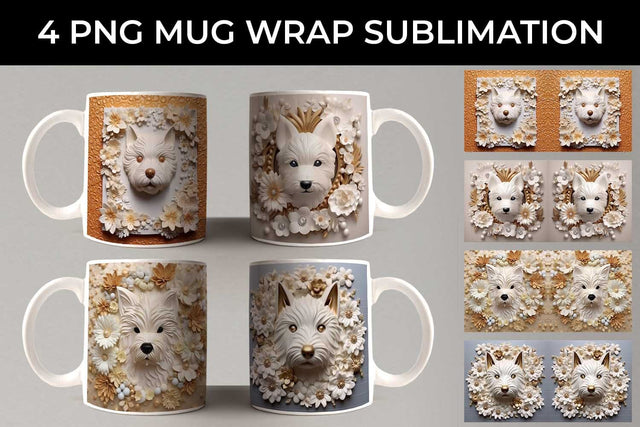 3D white Floral Westie Dog Mug Sublimation PNG Bundle Free For Commercial Use Sublimation Sintegra 