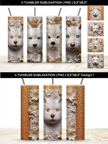 3D white Floral Westie Dog Tumbler Wrap 20 oz Sublimation PNG Bundle Free For Commercial Use Sublimation Sintegra 