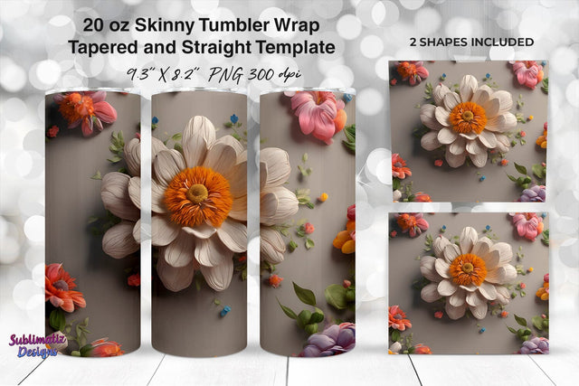 3D White Flower 20oz Skinny Tumbler Wrap Sublimation Sublimatiz Designs 