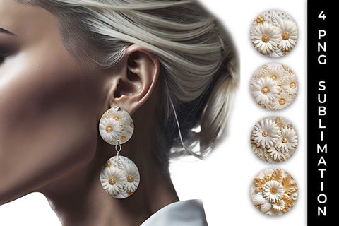 3D white Gerbera Flowers Earrings Sublimation PNG Bundle Free For Commercial Use Sublimation Sintegra 