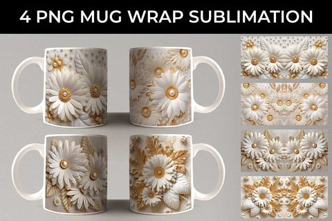 3D white Gerbera Flowers Mug Sublimation PNG Bundle Free For Commercial Use Sublimation Sintegra 