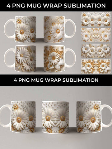 3D white Gerbera Flowers Mug Sublimation PNG Bundle Free For Commercial Use Sublimation Sintegra 