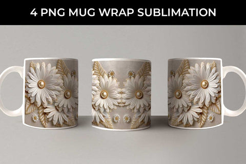 3D white Gerbera Flowers Mug Sublimation PNG Bundle Free For Commercial Use Sublimation Sintegra 