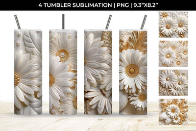3D white Gerbera Flowers Tumbler Wrap 20 oz Sublimation PNG Bundle Free For Commercial Use Sublimation Sintegra 