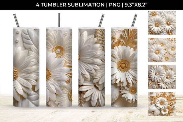 3D white Gerbera Flowers Tumbler Wrap 20 oz Sublimation PNG Bundle Free For Commercial Use Sublimation Sintegra 