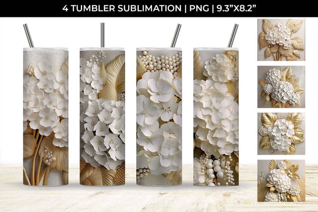 3D white Hydrangea Flowers Tumbler Wrap 20 oz Sublimation PNG Bundle Free For Commercial Use Sublimation Sintegra 