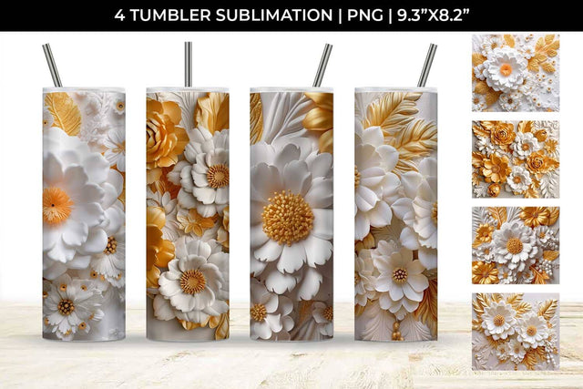 3D white Marigold Flowers Tumbler Wrap 20 oz Sublimation PNG Bundle Free For Commercial Use Sublimation Sintegra 