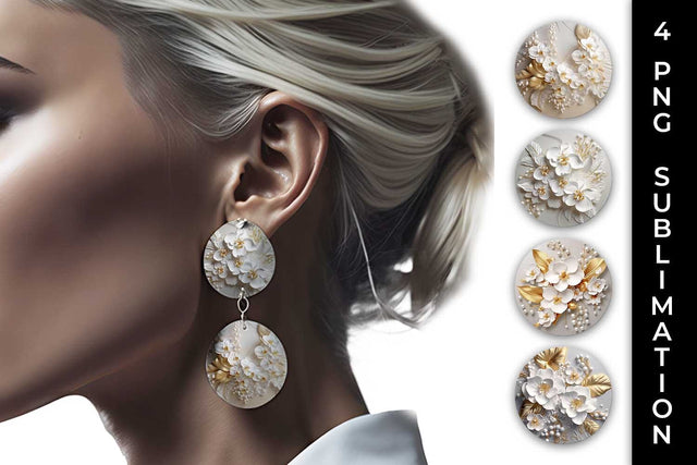 3D white Orchid Flowers Earrings Sublimation PNG Bundle Sublimation Sintegra 