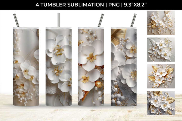 3D white Orchid Flowers Tumbler Wrap 20 oz Sublimation PNG Bundle Free For Commercial Use Sublimation Sintegra 