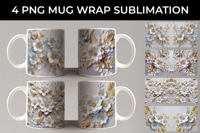 3D white Periwinkle Flowers Mug Sublimation PNG Bundle Free For Commercial Use Sublimation Sintegra 
