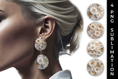 3D white Ranunculus Flowers Earrings Sublimation PNG Bundle Free For Commercial Use Sublimation Sintegra 
