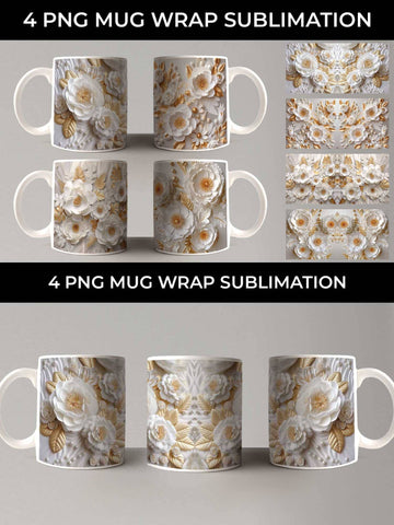 3D white Ranunculus Flowers Mug Sublimation PNG Bundle Free For Commercial Use Sublimation Sintegra 