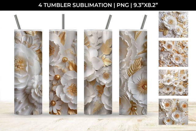 3D white Ranunculus Flowers Tumbler Wrap 20 oz Sublimation PNG Bundle Free For Commercial Use Sublimation Sintegra 
