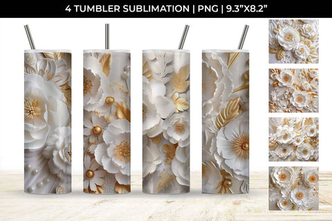 3D white Ranunculus Flowers Tumbler Wrap 20 oz Sublimation PNG Bundle Free For Commercial Use Sublimation Sintegra 
