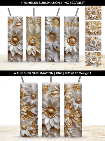 3D white Sunflowers Flowers Tumbler Wrap 20 oz Sublimation PNG Bundle Free For Commercial Use Sublimation Sintegra 