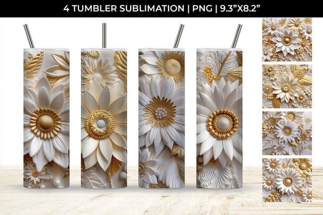3D white Sunflowers Flowers Tumbler Wrap 20 oz Sublimation PNG Bundle Free For Commercial Use Sublimation Sintegra 