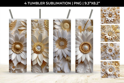 3D white Sunflowers Flowers Tumbler Wrap 20 oz Sublimation PNG Bundle Free For Commercial Use Sublimation Sintegra 
