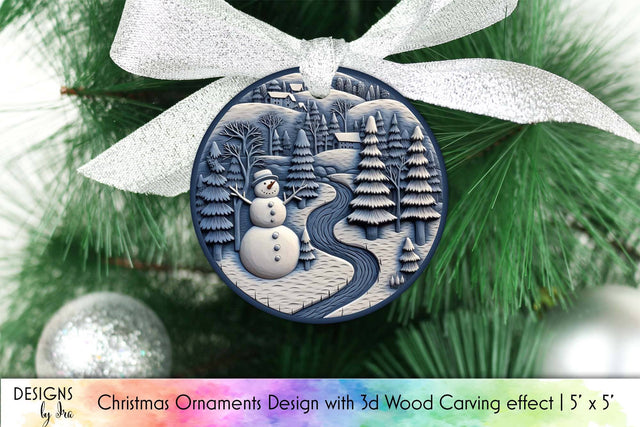 3D Wood Carving Effect Christmas Ornament with Snowman Print Sublimation Designs by Ira 
