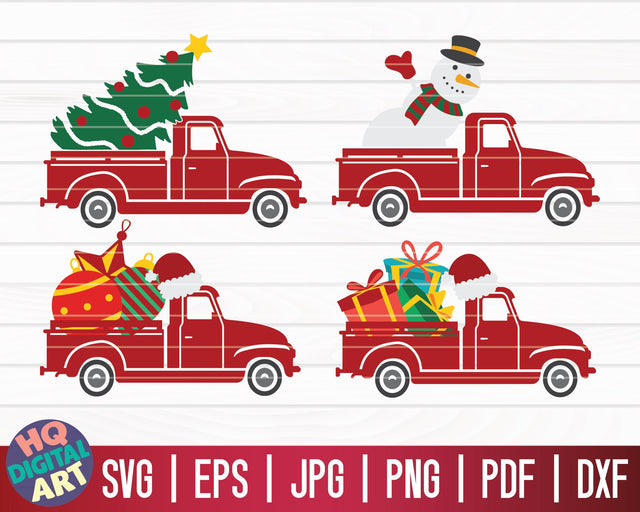 4 Christmas Trucks SVG Bundle with Gifts, Ornaments, Snowman, Christmas Tree SVG HQDigitalArt 