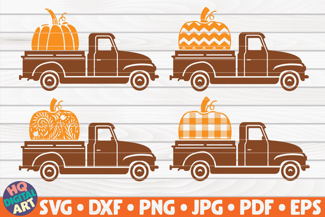 4 Patterned Pumpkin Trucks SVG Bundle | Grunge/Floral/Chevron/Plaid SVG HQDigitalArt 