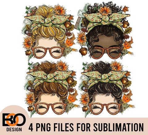 4 PNG File Fall Autumn Messy Bun Black Skin Sublimation PNG Sublimation BOO-design 