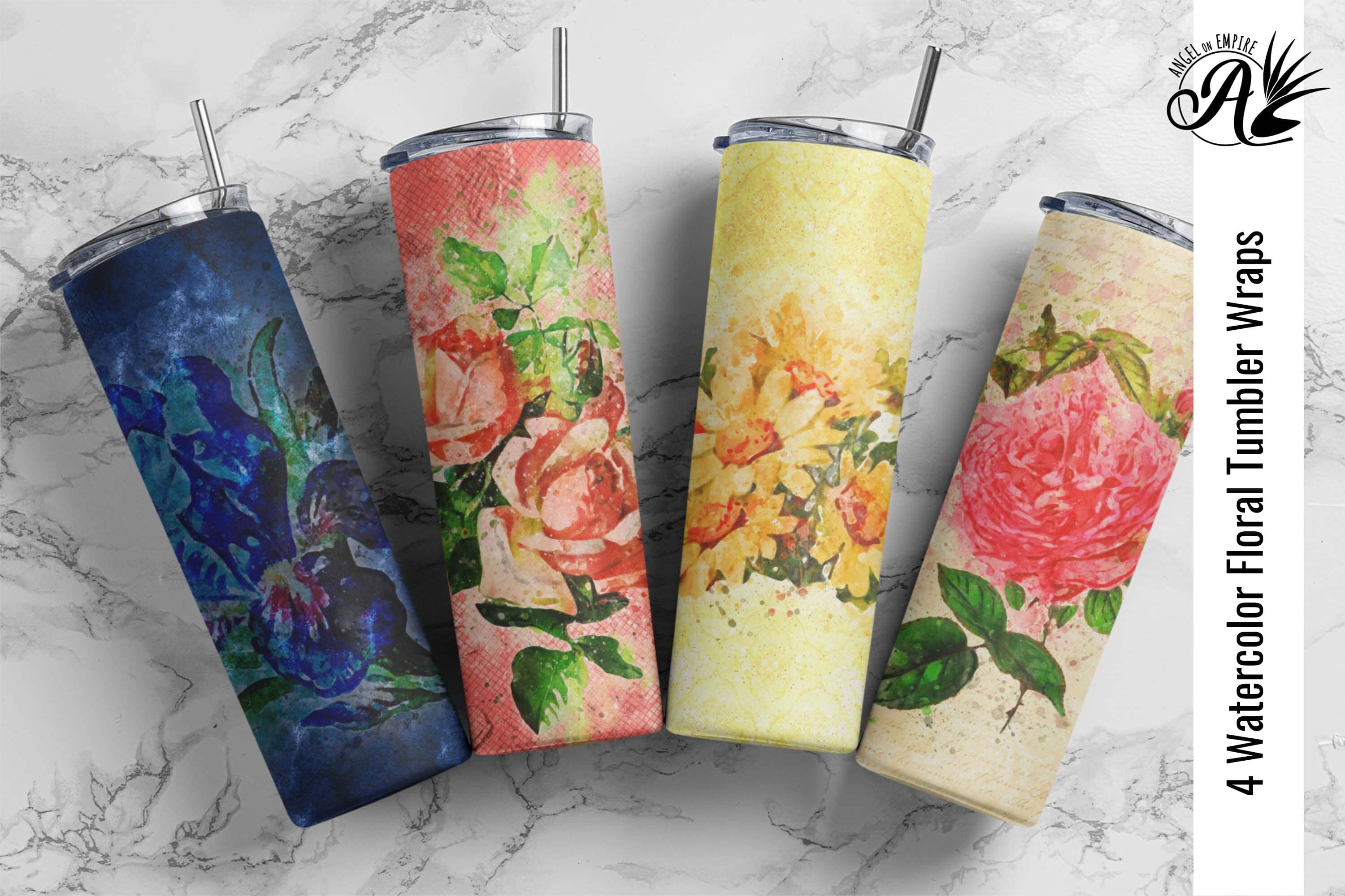 Floral Full Tumbler Wrap, Watercolor Flower 20oz Skinny Tumbler