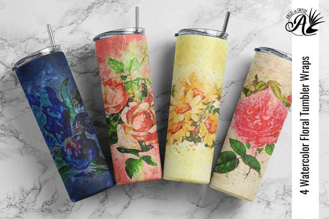 4 Watercolor Floral Grunge 20oz Skinny Tumblers sublimation wraps Sublimation Angel on Empire 