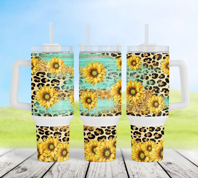 40oz Quencher Tumbler Png Rustic Sunflower Tea Wood Sublimation PNG Sublimation CaldwellArt 