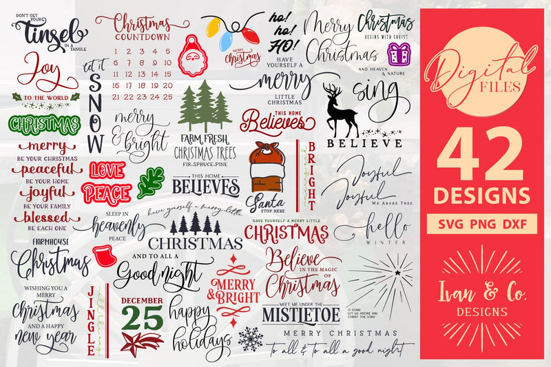 42 Christmas SVG Bundle, Christmas Svg, Farmhouse Svg, Cricut Svg, Silhouette Designs, Digital Cut Files, SVG DXF PNG (99NOV23B) SVG Ivan & Co. Designs 