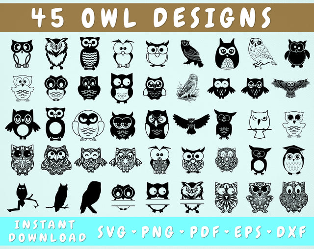 45 Owl SVG Bundle, Funny Owl SVG, Mandala Owl SVG, Cute Owl SVG Cut Files, Owl PNG, Owl Silhouette SVG SVG HappyDesignStudio 