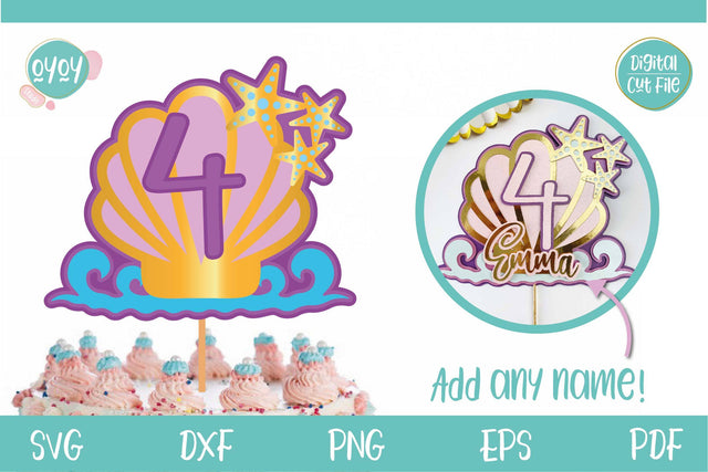 4th Birthday Mermaid Cake Topper SVG | 3D Layered Topper SVG OyoyStudioDigitals 