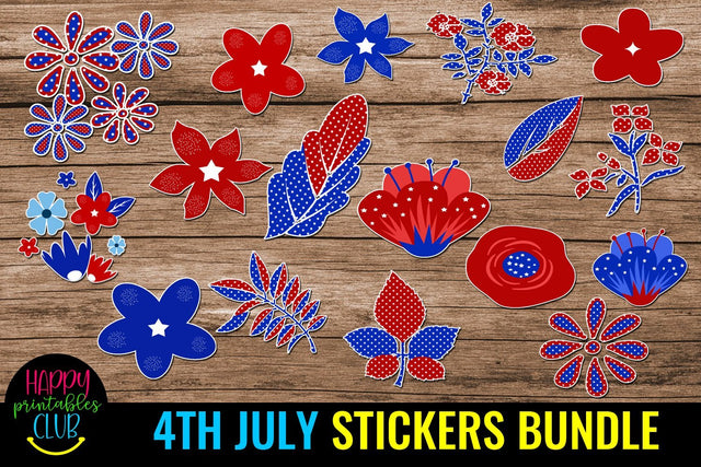 4th July Stickers Bundle- July 4th Stickers Pack- Patriotic Floral Stickers SVG Happy Printables Club 