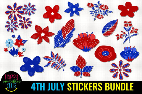 4th July Stickers Bundle- July 4th Stickers Pack- Patriotic Floral Stickers SVG Happy Printables Club 
